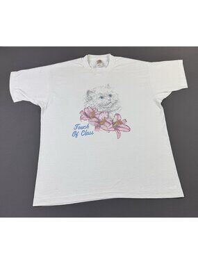 Rare Vintage 90s Touch Of Class Cat Kitten Cute Flower Paint Art White XL Shirt